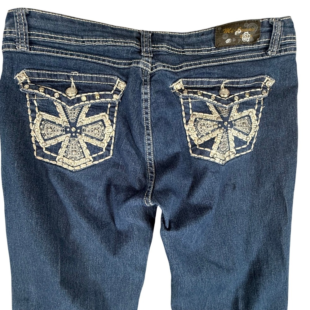 Mi-Jeans Womens Blue Rhinestone Straight Leg Stretch Jeans Size 13 Medium Wash